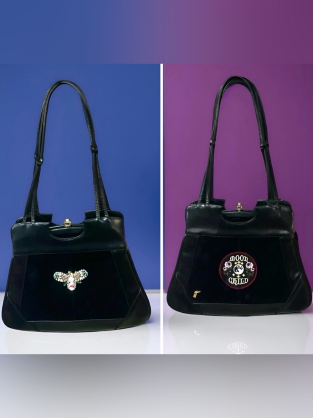Vintage Black Leather/Velvet Purse ♥︎ Celestial Moon Patch & Rhinestone Bee